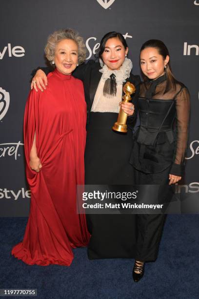 Zhao Shuzhen, Awkwafina and Lulu Wang attend The 2020 InStyle And Warner Bros. 77th Annual Golden Globe Awards Post-Party at The Beverly Hilton Hotel...