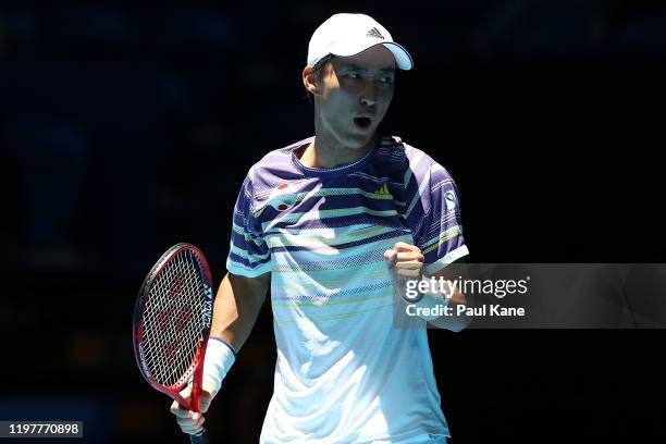 Go Soeda of Team Japan celebrates after winning his singles match against Aleksandre Metreveli of Team Georgia during day four of the 2019 ATP Cup...