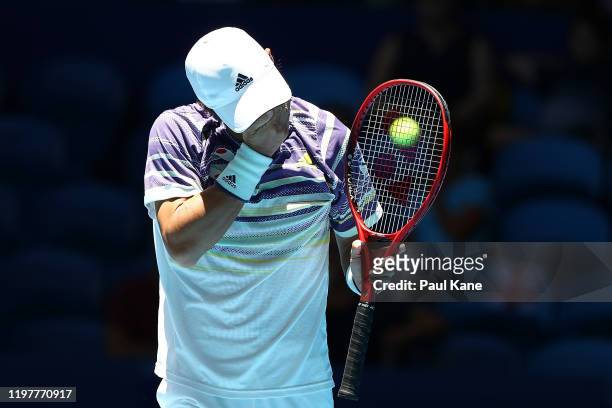 Go Soeda of Team Japan reacts after winning his singles match against Aleksandre Metreveli of Team Georgia during day four of the 2019 ATP Cup Group...