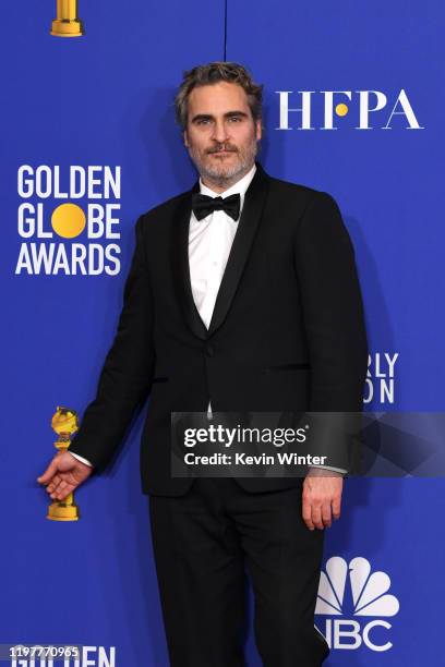 Joaquin Phoenix , winner of Best Performance by an Actor in a Motion Picture - Drama for "Joker" poses in the press room during the 77th Annual...