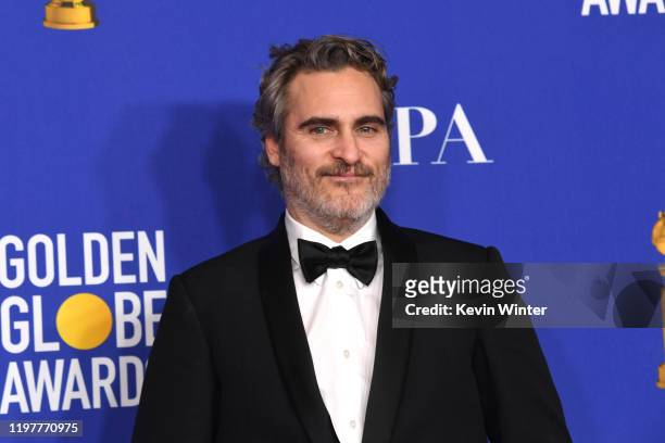 Joaquin Phoenix , winner of Best Performance by an Actor in a Motion Picture - Drama for "Joker" poses in the press room during the 77th Annual...