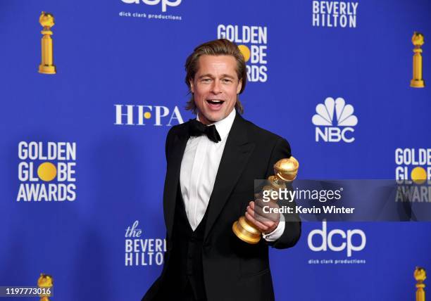 Brad Pitt, winner of Best Performance by a Supporting Actor in a Motion Picture, poses in the press room during the 77th Annual Golden Globe Awards...