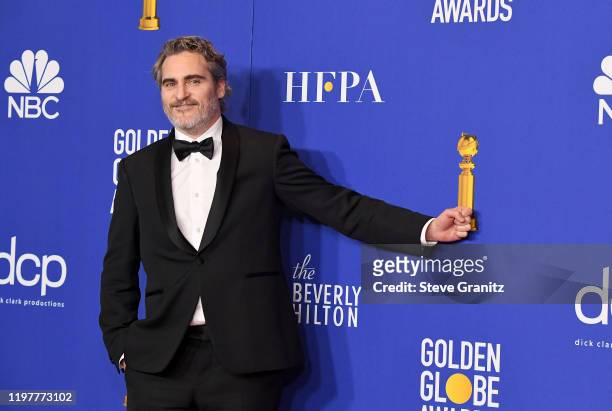 Joaquin Phoenix poses in the press room during the 77th Annual Golden Globe Awards at The Beverly Hilton Hotel on January 05, 2020 in Beverly Hills,...