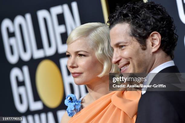 Michelle Williams and Thomas Kail attend the 77th Annual Golden Globe Awards at The Beverly Hilton Hotel on January 05, 2020 in Beverly Hills,...