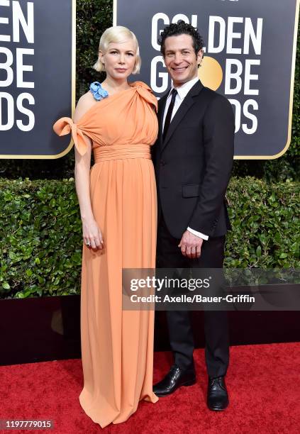 Michelle Williams and Thomas Kail attend the 77th Annual Golden Globe Awards at The Beverly Hilton Hotel on January 05, 2020 in Beverly Hills,...