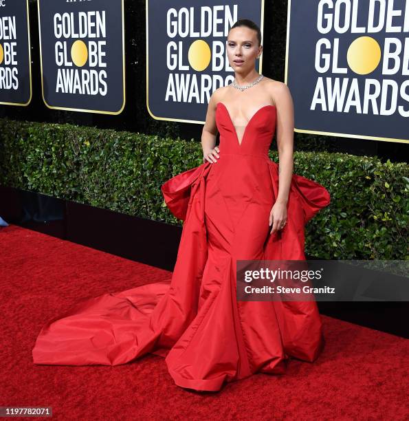 Scarlett Johansson arrives at the 77th Annual Golden Globe Awards attends the 77th Annual Golden Globe Awards at The Beverly Hilton Hotel on January...