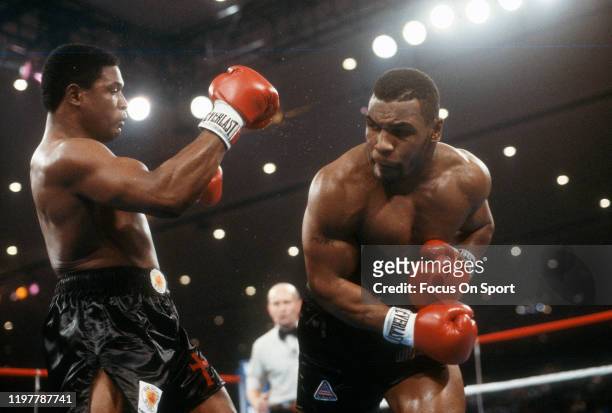 Mike Tyson and Trevor Berbick fights for the WBC Heavyweight title on November 22, 1986 at the Las Vegas Hilton in Las Vegas, Nevada. Tyson won the...