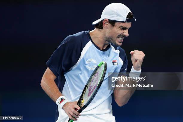 Guido Pella of Argentina celebrates winning a point during his Group E singles match against Dennis Novak of Austria during day four of the 2020 ATP...