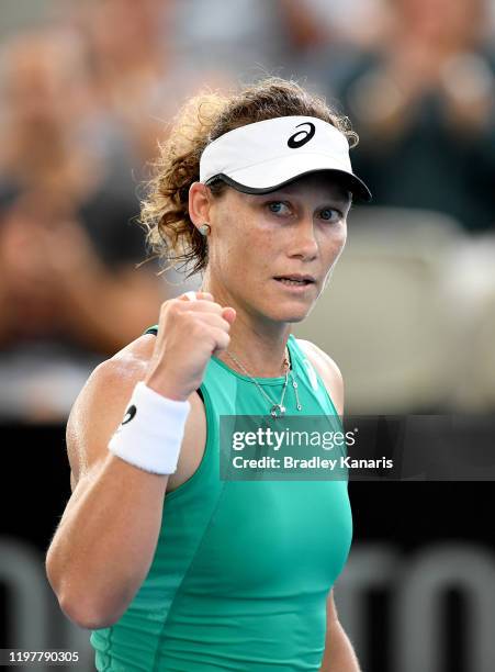 Samantha Stosur of Australia celebrates winning the first set in her match against Angelique Kerber of Germany during day one of the 2020 Brisbane...