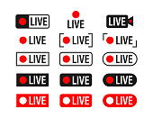 Set of live streaming icons. Broadcasting. Red symbols and buttons of live stream, online stream. Vector stock illustration.