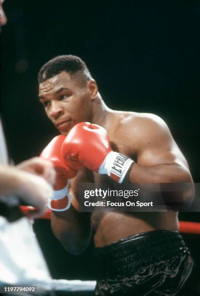 Mike Tyson and Tyrell Biggs fights for the WBC, WBA and IBF Heavyweight titles on October 16, 1987 at the Convention Hall in Atlantic City, New...