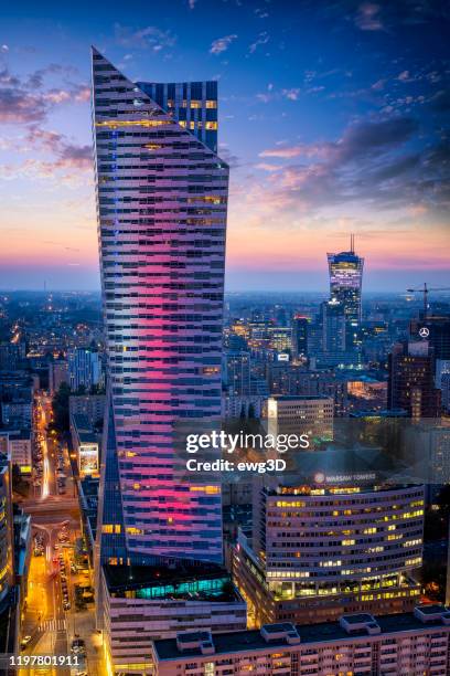 aerial view of center of warsaw in the evening, poland - warsaw stock pictures, royalty-free photos & images