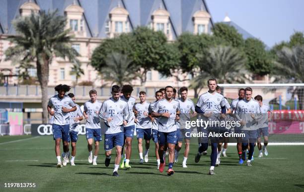 Players run during day three of the FC Bayern Muenchen winter training camp at Aspire Academy on January 06, 2020 in Doha, Qatar.