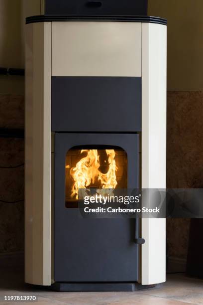 burning biomass stove with fire flame - wood burning stove stock pictures, royalty-free photos & images