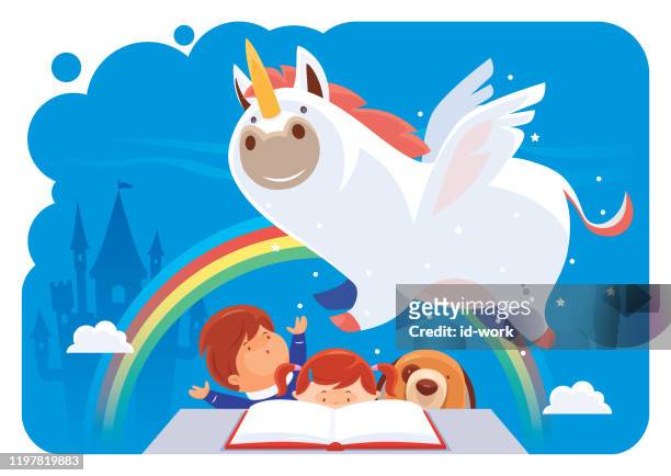 kids reading with unicorn - imagination kids stock illustrations