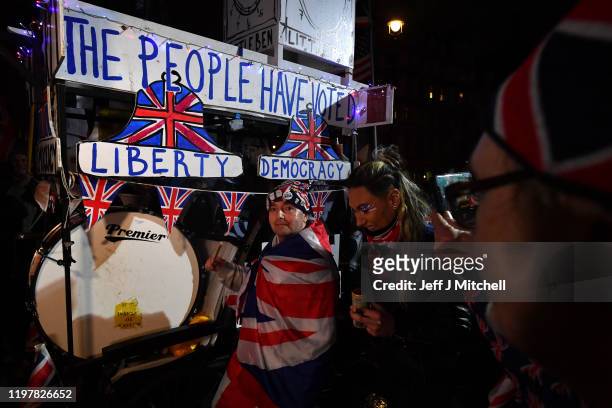 Pro Brexit supporters gather ahead of the Brexit Day Celebration Party hosted by Leave Means Leave at Parliament Square on January 31, 2020 in...
