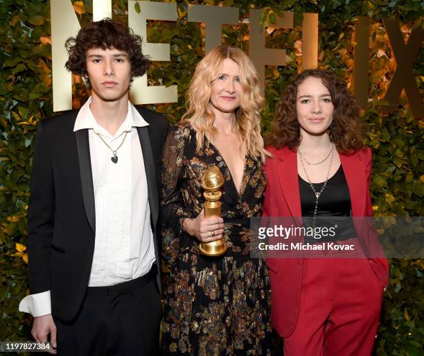 Ellery Harper, Laura Dern and Jaya Harper attend the Netflix 2020 Golden Globes After Party on January 05, 2020 in Los Angeles, California.