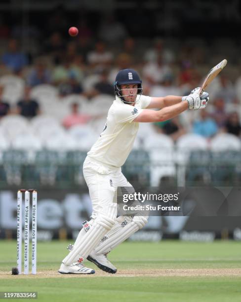 England batsman Dominic Sibley hits out during his maiden Test century during Day Four of the Second Test between South Africa and England at...