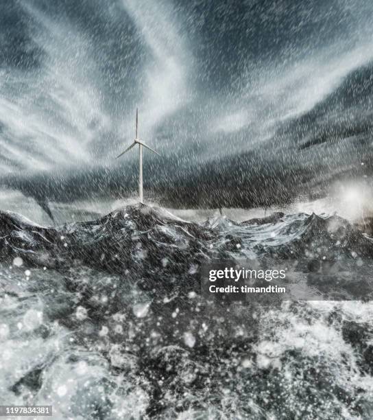 wind turbine in a stormy sea with tornados and lightning - thunderstorm uk stock pictures, royalty-free photos & images