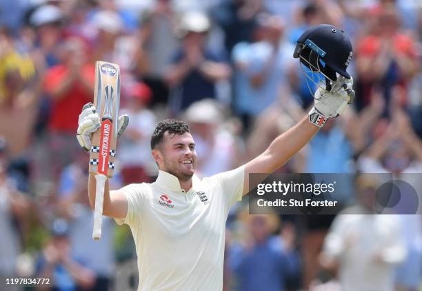 England batsman Dominic Sibley celebrates after reaching his maiden Test century during Day Four of the Second Test between South Africa and England...