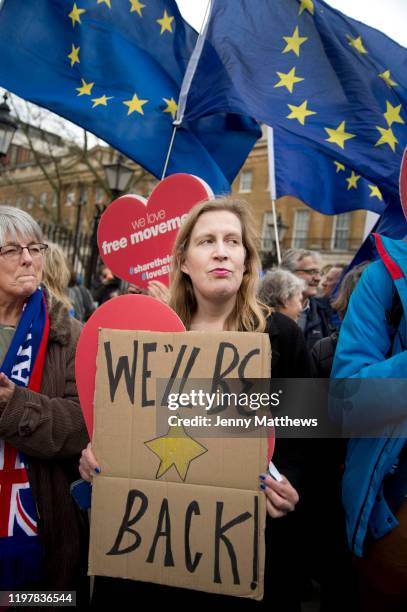 Pro Brexit Leave supporters gather in Westminster on Brexit Day as the UK prepares to leave the European Union on 31st January 2020 in London,...