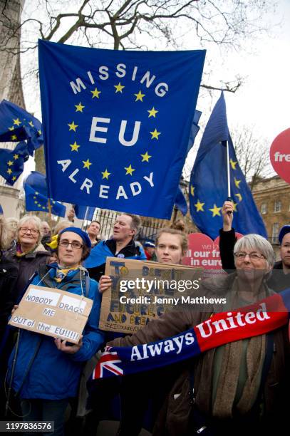 Pro Brexit Leave supporters gather in Westminster on Brexit Day as the UK prepares to leave the European Union on 31st January 2020 in London,...