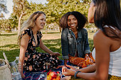 Group of smiling multiracial female best friends sitting together on blanket with fruits enjoying at picnic in the park - group of healthy friends having a picnic