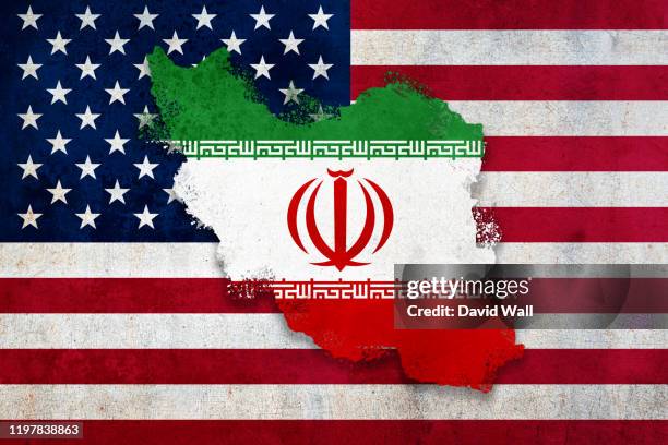 flag and country of iran layered over the usa flag. with a weathered, textured graphic design edit. diplomatic, conflict concept. - iran fotografías e imágenes de stock