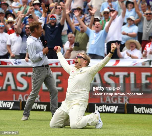 Comedian Rob Beckett celebrates after catching a ball hit by Nasser Hussain as he and Romesh Ranganathan took part in a catching challenge at the...