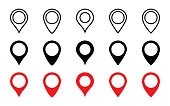Location Pins collection. Set of Map Pins different shape and design. Tags symbol. Red and Black Pointers gps, isolated on white background. Pin vector icons. Vector