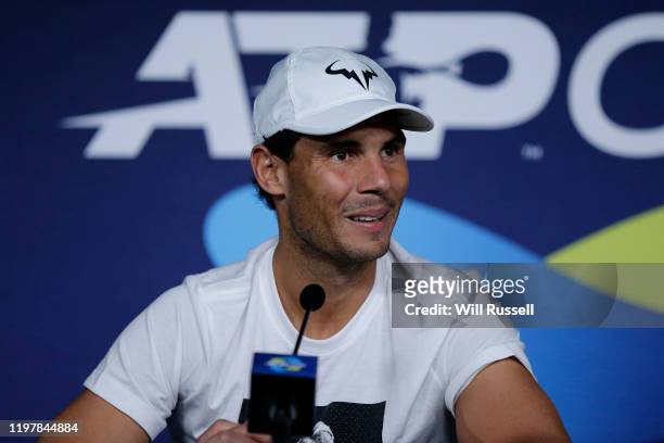 Rafael Nadal of Team Spain speaks at a press conference after winning his match against Pablo Cuevas of Team Uruguay during day four of the 2020 ATP...