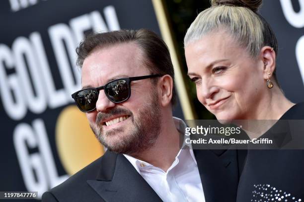 Ricky Gervais and Jane Fallon attend the 77th Annual Golden Globe Awards at The Beverly Hilton Hotel on January 05, 2020 in Beverly Hills, California.