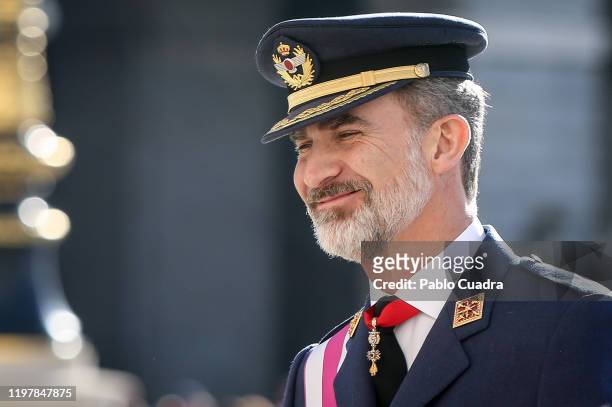 King Felipe VI of Spain attends the New Year Military parade 2020 celebration at the Royal Palace on on January 06, 2020 in Madrid, Spain.