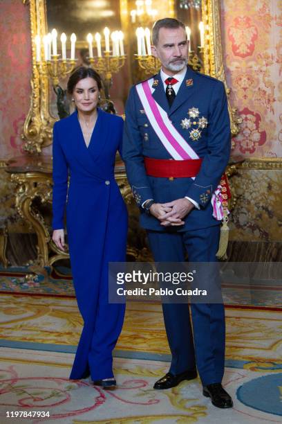 King Felipe VI of Spain and Queen Letizia of Spain attend the New Year Military parade 2020 celebration at the Royal Palace on on January 06, 2020 in...