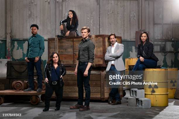 8The cast of the CBS Television Drama,, MACGYVER. Left to right: Justin Hires, Meredith Eaton, Tristin Mays, Lucas Till, Henry Ian Cusick and Levy...