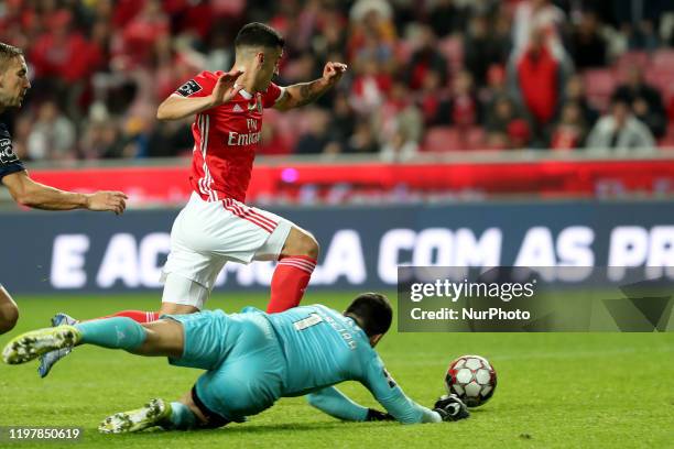 Chiquinho of SL Benfica vies with Andre Moreira of Belenenses SAD during the Portuguese League football match between SL Benfica and Belenenses SAD...