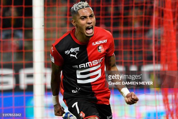 Rennes' Brazilian forward Raphinha celebrates after scoring during the French Ligue 1 football match between Stade Rennais and F.C. Nantes, at the...