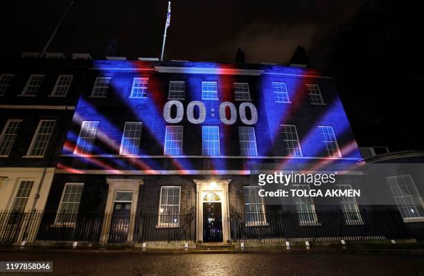 Digital Brexit countdown clock shows 00:00 as the time reaches 11 o'clock, as it is projected onto the front of 10 Downing Street, the official...