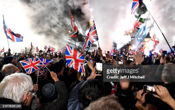 Pro Brexit supporters celebrates as the United Kingdom exits the EU during the Brexit Day Celebration Party hosted by Leave Means Leave at Parliament...