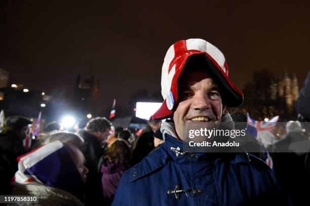 Leave supporters in Parliament square on the day the UK will exit the EU, in London, United Kingdom on January 31, 2020.