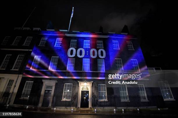 Clock projected onto 10 Downing Street counts down the time the UK will remain in the European Union, in London, United Kingdom on January 31, 2020.