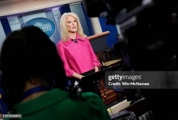 White House counselor Kellyanne Conway gives a television interview and answers questions from the press regarding current tensions between the U.S....