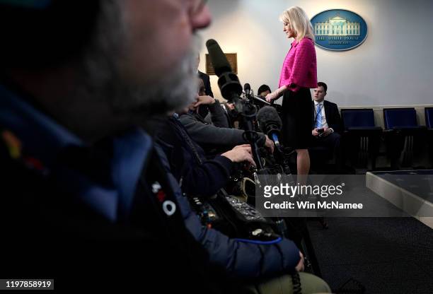 White House counselor Kellyanne Conway gives a television interview and answers questions from the press regarding current tensions between the U.S....