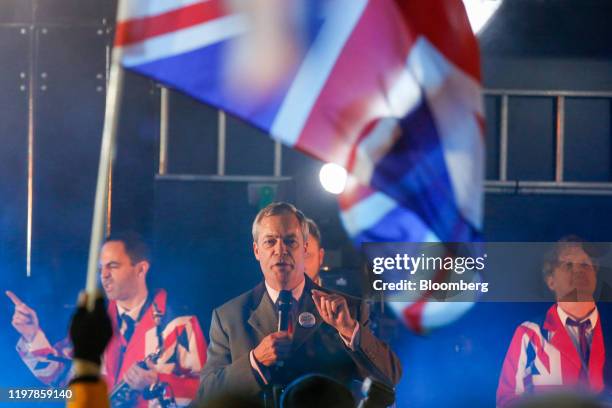 Nigel Farage, leader of the Brexit Party, delivers a speech during the Leave Means Leave celebration at Parliament Square in London, U.K., on Friday,...