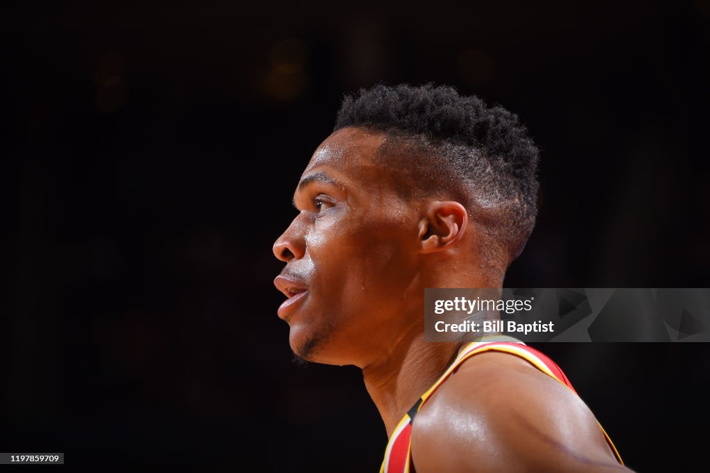 Russell Rockets Basketball Russell Westbrook of the Houston Rockets looks on during the game ...