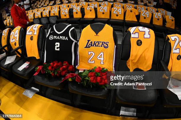 The Los Angeles Lakers honors Kobe Bryant and Gigi Bryant before the game on January 31, 2020 at STAPLES Center in Los Angeles, California. NOTE TO...