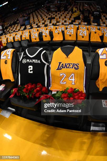 The Los Angeles Lakers honors Kobe Bryant and Gigi Bryant before the game on January 31, 2020 at STAPLES Center in Los Angeles, California. NOTE TO...