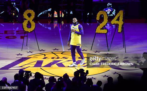 Los Angeles Lakers player LeBron James speaks from center court in honour of NBA legend Kobe Bryant, after he was killed last weekend in a helicopter...