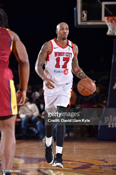 Canton, OH Ferrakohn Hall of the Windy City Bulls dribbles down court against the Canton Charge during a G League game on January 31, 2020 at the...