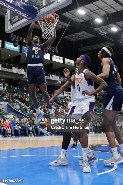Jaylen Hoard of the Texas Legends dunks against Tariq Owens of the Northern Arizona Suns during the third quarter on January 31, 2020 at Comerica...